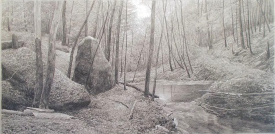 Forest Interior with Large Stone, graphite and chalk, 11x22